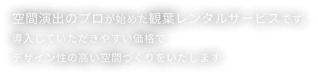 空間演出のプロが始めた観葉レンタルサービスです。導入していただきやすい価格でデザイン性の高い空間づくりをいたします
